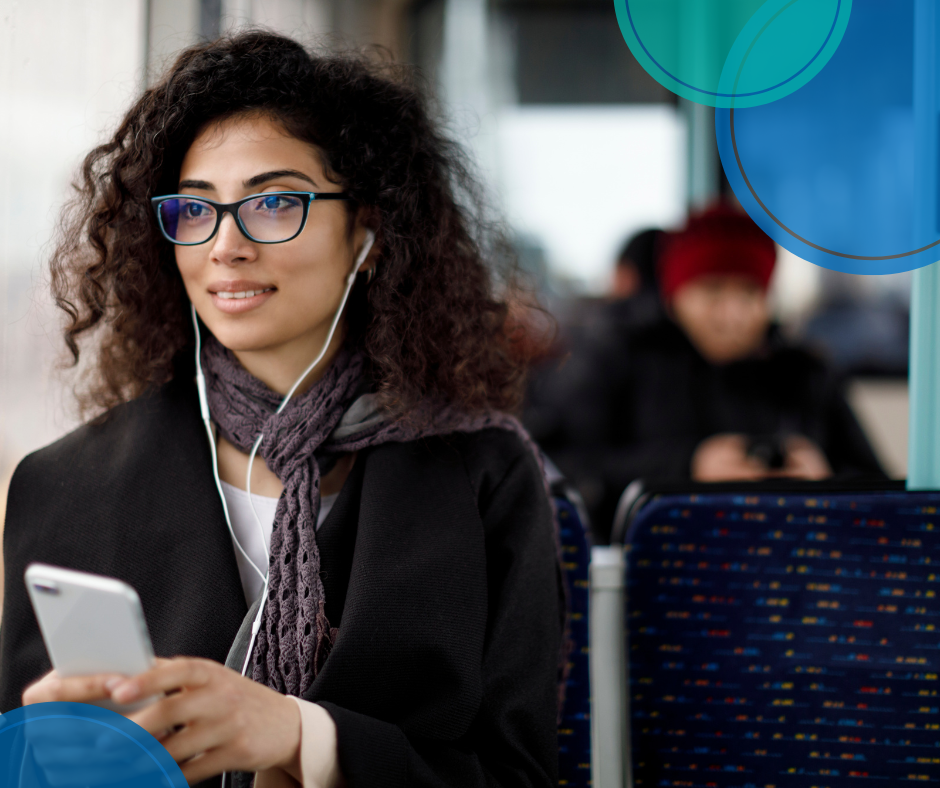 Woman using  a public transit. 